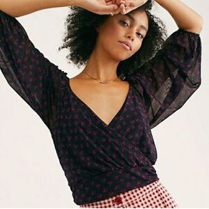 Free People Black and Pink Floral Cropped Top